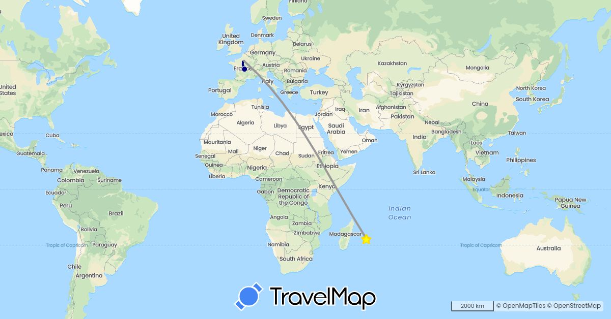 TravelMap itinerary: driving, plane in France, Réunion (Africa, Europe)